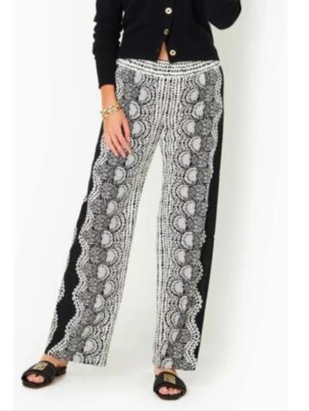 Lilly Pulitzer Bal Harbour Wide Leg Pants Black White Lace Print Size M
